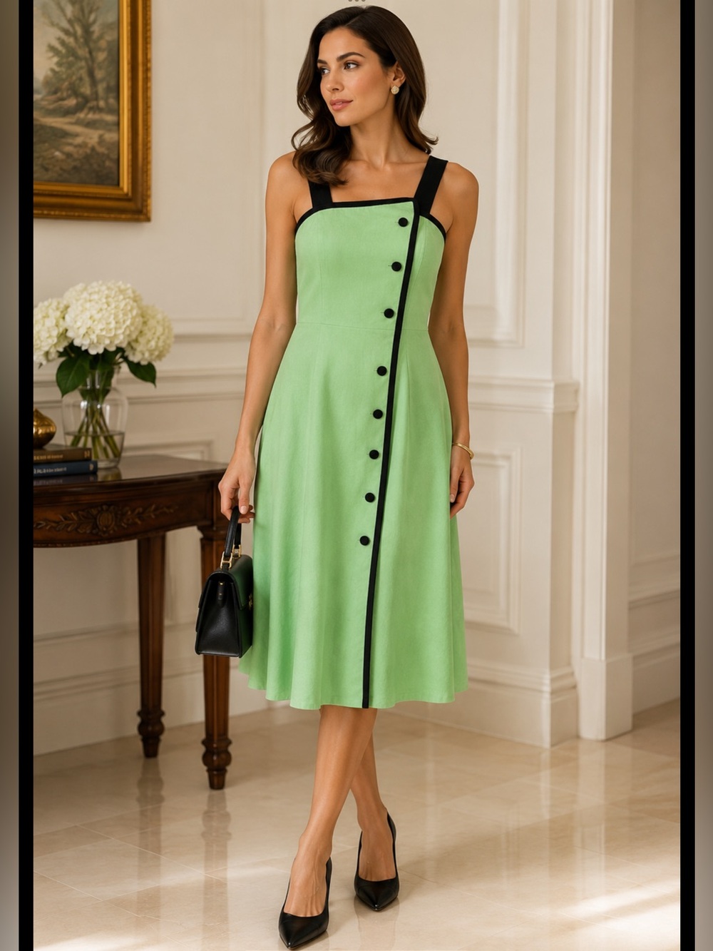 Vintage 90s Sia Bellini Green Ramie Button Front Dress | Mod Retro A-Line 9/10